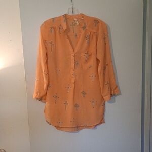 Womens Orange Button-Up Silky Blouse with Cross Pattern Size Medium